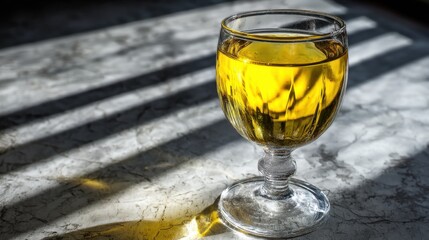 Poster - Golden liquid in elegant glass on marble surface with dramatic shadows creating a sophisticated and luminous still life perfect for beverage photography and artistic composition