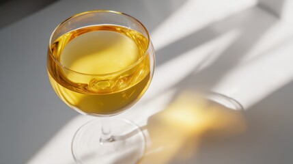 Poster - Elegant wine glass filled with golden liquid casting soft shadows on a bright white surface creating a serene and inviting atmosphere perfect for relaxation