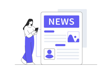 Aufkleber - Fake News Landing Page Template. News page concept with Woman Character reading using mobile gadget. Flat Cartoon Vector Illustration, icon. Stylish abstract design landing page