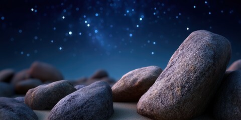 Deep blue night sky speckled with stars forms the backdrop behind textured stones in a high fidelity nature scene with striking black contrast beautifully.