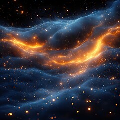 abstract cosmic nebula with blue and orange colors against a dark starry background.