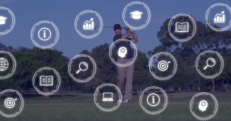 Poster - Mid-adult male golfer swinging golf club on fairway, featuring education icons and data overlays