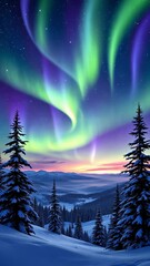Wall Mural - Night Sky with Aurora and Trees