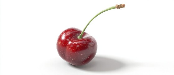 Poster - Single cherry on white background creating minimalist composition studio shot with soft lighting and natural shadows providing fresh look