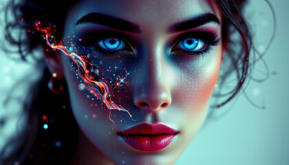 Poster - captivating portrait of woman with striking blue eyes and artistic facial embellishments