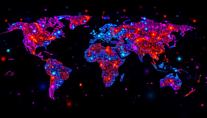 Poster - vibrant world map illuminated with neon colors and digital patterns, showcasing connectivity