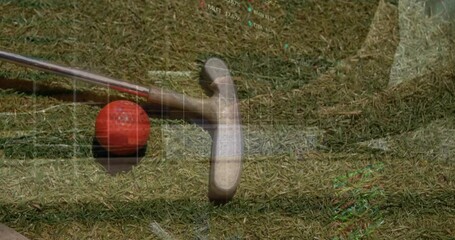 Poster - Golfer lining up red ball on green, showing floating data charts for golf performance