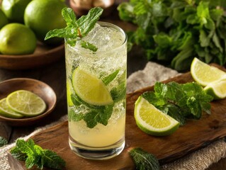 Poster - Refreshing mojito cocktail with lime and mint on a rustic wooden board capturing the cool and vibrant essence of summer in a high angle shot showcasing its refreshing appeal