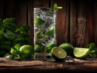 Poster - Refreshing mojito cocktail with lime and mint on rustic wooden table capturing a vibrant summer mood perfect for a thirst quenching drink with a natural backdrop