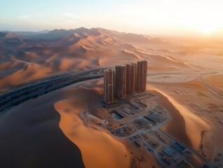 Aufkleber - 砂漠の地平線にそびえ立つ現代的な高層ビルの壮大な眺め 美しい夕焼け空の下の都市開発