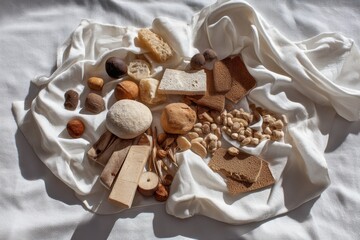 Poster - Natural spa elements on white fabric background featuring pebbles wood sponge and seeds in soft light for wellness and beauty treatments and relaxation