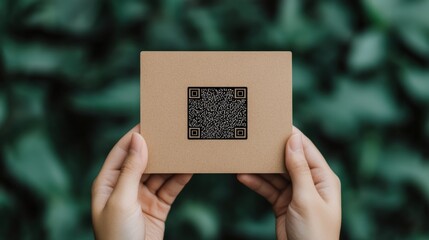 Poster - Hands Holding a Brown Card with a QR Code Against a Green Nature Background for Marketing and Promotion Strategies