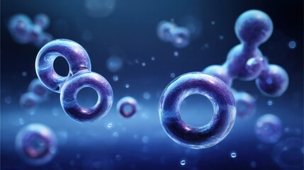 Poster - Abstract molecular structure with blue and purple hues showcasing scientific innovation and technological advancement in a modern and artistic style with a soft background