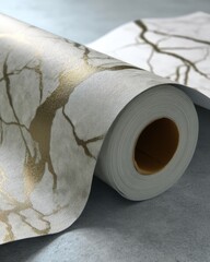 Poster - Elegant marble pattern wallpaper roll with golden veins for interior design and decoration showcasing texture and material in a studio setting with soft lighting