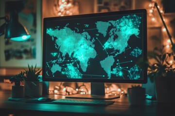 Fototapete - Bright digital world map on a computer screen displays interconnected global networks