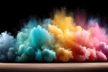 Poster - Vibrant explosion of colorful powder paint against black backdrop on wooden surface studio shot abstract art dynamic composition for creative projects and designs