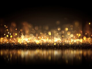 Poster - Shimmering golden bokeh lights and particles create a magical and festive atmosphere with elegant reflections on a dark blackground for celebration and special occasions