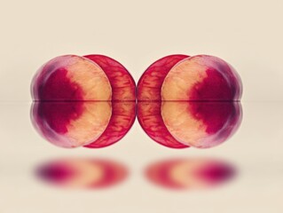 Poster - Symmetrical arrangement of sliced peaches reflected in a mirror like surface creating a visually appealing composition with a soft and dreamy aesthetic in studio