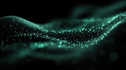 Poster - Abstract teal wave of glowing particles on black background futuristic technology backdrop