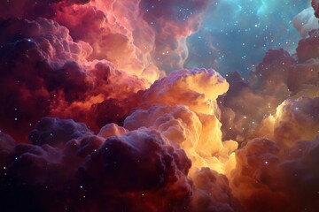 Poster - ethereal cloudscape with vibrant hues of orange and red against a starry sky creating a mesmerizing 