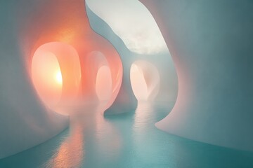 Poster - Dreamlike cavern with glowing light and reflective water in an abstract landscape