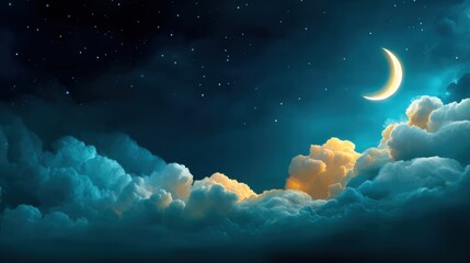 Poster - Dreamy nightscape featuring a crescent moon illuminating fluffy clouds against a dark blue starry sky creating a peaceful and serene atmosphere with a touch of magic