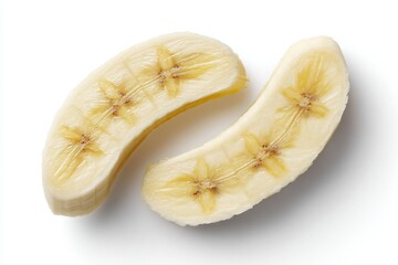 Poster - Two fresh banana slices on a clean white surface creating a simple and minimalist food composition highlighting the fruit's texture and natural color
