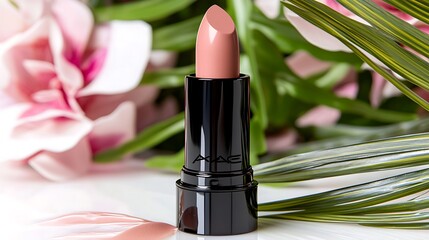 Poster - Glossy Lipstick with Floral and Foliage Background, Soft Pink To