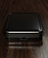 Poster - Glossy Black Box on Textured Wood Surface with Handle Detail