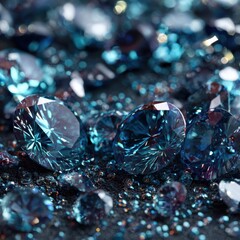 Poster - Sparkling teal gems on a dark surface creating a luxurious and captivating scene with a shallow depth of field and a soft focus adding to the allure
