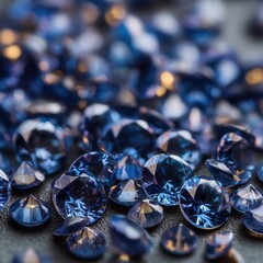 Poster - Captivating close up of scattered blue tanzanite gemstones on a dark surface showcasing their brilliance and facets with a shallow depth of field for a luxurious feel