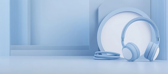 Poster - Pale Blue Headphones Resting on Minimalist Geometric Background