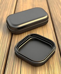 Poster - Open matte black container with lid resting on a textured wooden