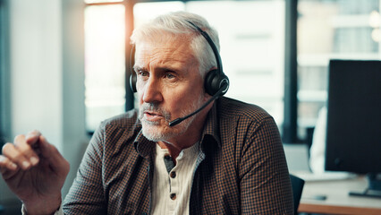 Poster - Customer service, mature man or talking with headset at call center for support, loan advice or FAQ. Technology, sales agent or microphone for inbound query, online assistance or insurance plan help