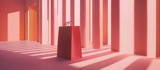Poster - Pink Shopping Bag in a Geometric Room with Striking Shadows and