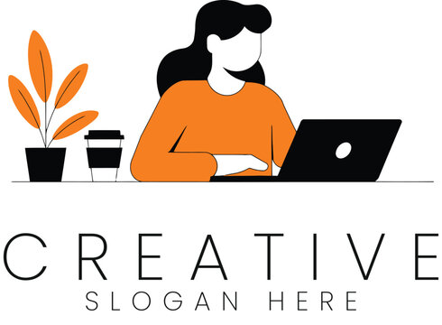 Woman Working on Laptop Creative Design Minimalist Illustration art flat icon desk idea   