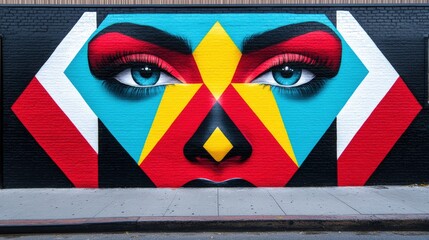 Poster - Vibrant Mural Featuring Abstract Geometric Shape with Striking Blue Eyes and Bold Red and Yellow Elements Captivating Urban Artistry