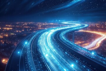 Fototapete - Charming futuristic cityscape at night with glowing curves of light on highways