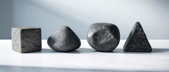 Poster - Geometric stone shapes on white wooden surface in soft light studio photography for zen and meditation with cube sphere pyramid and triangle