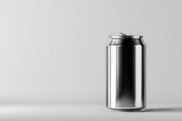 Poster - Sleek silver aluminum soda can on minimalist background radiating freshness and modern design perfect for beverage advertising and product showcase with bright studio lighting