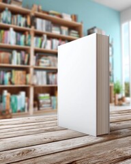 Poster - Blank white book on wooden table against blurred bookshelf background in cozy room for mockup design and branding with soft light and inviting atmosphere