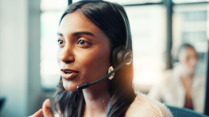 Poster - Customer service, woman and talking with headset at call center for sales support, product advice or FAQ. Friendly agent, employee or microphone for inbound query, online assistance or insurance plan