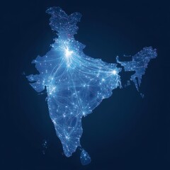 Poster - India Connectivity Map with Glowing Network Lines and City Lights on Dark Blue Background Illustrating Digital Infrastructure and Technological Advancement