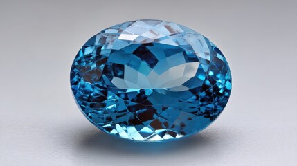 Poster - Captivating close up of a radiant blue topaz gemstone showcasing its brilliant facets and mesmerizing color against a soft neutral background in a studio shot