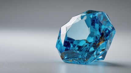 Poster - Captivating close up of a radiant blue gemstone with intricate facets and sparkling reflections against a serene gray background in a studio setting
