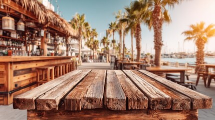 Poster - Rustic wooden table at tropical beach bar with palm trees and marina view creating a serene vacation atmosphere perfect for summer travel and relaxation