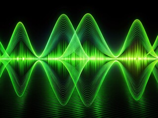 Fototapete - Abstract Neon Green Sound Waves Oscillating on Dark Background - Dynamic Vivid Color Landscape