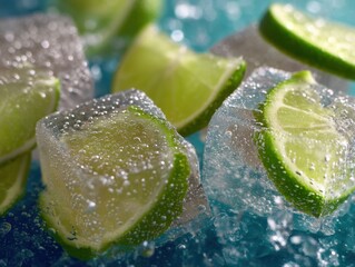 Poster - Captivating close up of refreshing lime wedges encased in sparkling ice cubes on a vibrant blue surface creating a cool and invigorating visual experience for summer