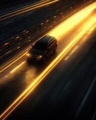 Poster - Sleek black car speeding on highway at night with golden light trails creating a sense of motion and speed showcasing modern transportation and urban lifestyle