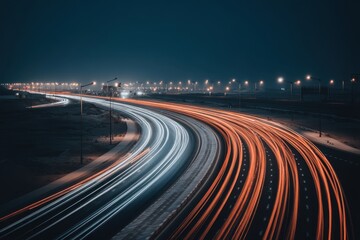 Poster - Dynamic night highway with blurred car lights creating vibrant trails under a dark blue sky showcasing modern transportation and urban connectivity